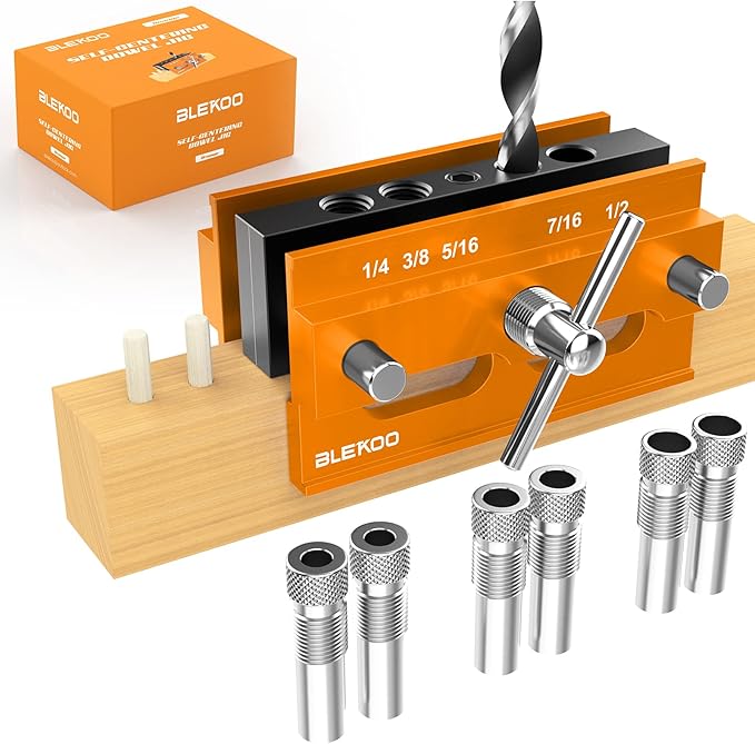 Self Centering Doweling Jig Kit, Drill Jig For Straight Holes Biscuit Joiner Set With 6 Drill Guide Bushings, Adjustable Width Drilling Guide Power Tool Accessory Jigs (Gold)