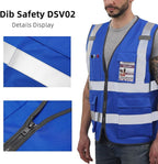 Dib Safety Reflective Vest High Visibility with Pockets and Zipper, Blue L