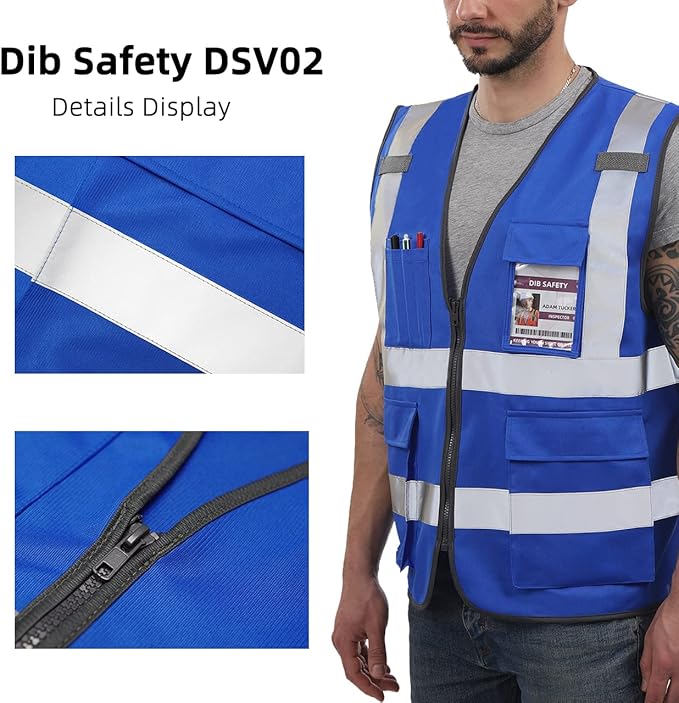 Dib Safety Reflective Vest High Visibility with Pockets and Zipper, Blue M