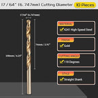 Drill Bit, 17/64" Cutting Diameter (6.747mm), 4241 HSS Gold 118° Cutting Angle Versatile Jobber Bits - (Applications: for Drilling Plastic Wood Soft Thin Metal), 10-Pieces