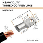 SELTERM 2pcs 1 AWG 1/4" Stud Tinned Copper Wire Lugs, Battery Cable Ends, Ring Terminals, 1 Gauge Terminal Connectors, UL Marine Grade Electrical Connectors