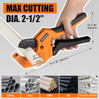 PVC Pipe Cutter Cuts up to 2-1/2”, Aluminum Ratchet Pipe Cutter Tool Heavy-Duty for PVC, PPR, PE, PEX, Plastic Hoses & Plumbing Pipes, Fast Pipe Tube Cutters with Teflon Coated SK5 Blade