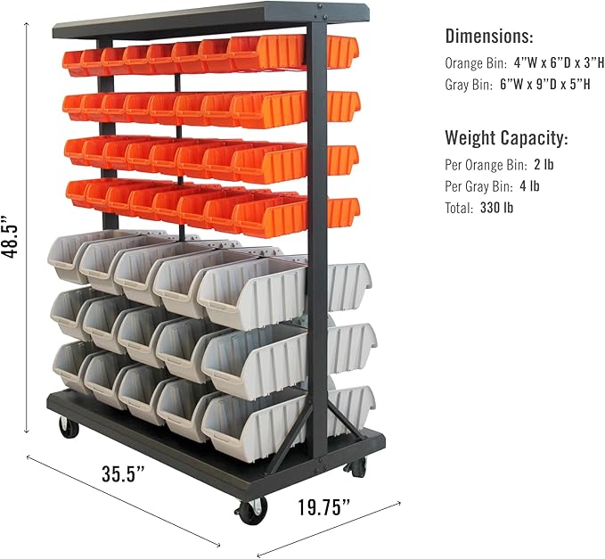 TRINITY EcoStorage 6-Tier Dual-Sided Rolling Bin Rack, 330 Pound Capacity, Includes 94 Organizer Bins, 19.75" x 35.5" x 48.5", Black