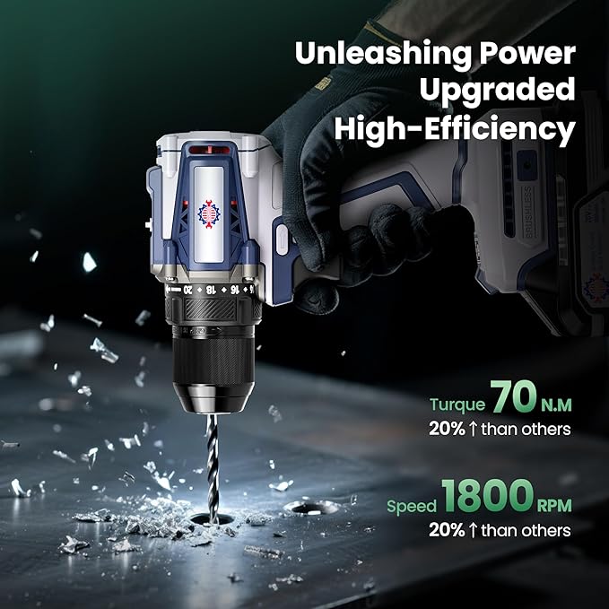 20V Cordless Drill Kit, 620 in-lbs Torque, 3/8" Keyless Chuck, Brushless Power Drill with 2.0Ah Battery and Charger, 2+1 Variable Speed, 20+1 Position Electric Drill Driver with LED, Belt Hook, Bag