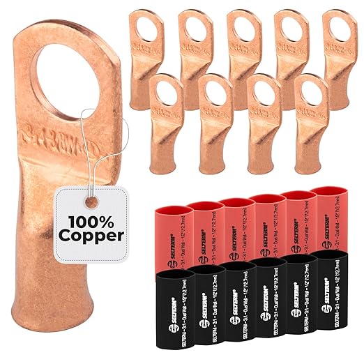 SELTERM 10pcs - 4 Awg 3/8" Stud (Wide) - Battery Lugs - Ring Terminal Connectors with 12pcs 3:1 Black & Red Heat Shrink Tubing with Adhesive, Heavy Duty Battery Cable Ends - Bare Copper Wire Lugs Kit