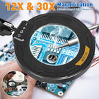 Ultra Long 3-Section Swing Arm 12X 30X Magnifying Glass with Light and Stand, 4-Way Large Strong Metal Clamp Lighted Magnifier Lamp, 5 Color Modes LED Magnifying Lamp for Workbench Crafting