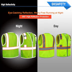 SKSAFETY 10 Pockets Safety Vest, Class 2 High Visibility Security with Zipper Double-sided mesh, Hi Vis Vest with Reflective Strips, ANSI/ISEA Standard, Construction Work Vest （Lime, XL）