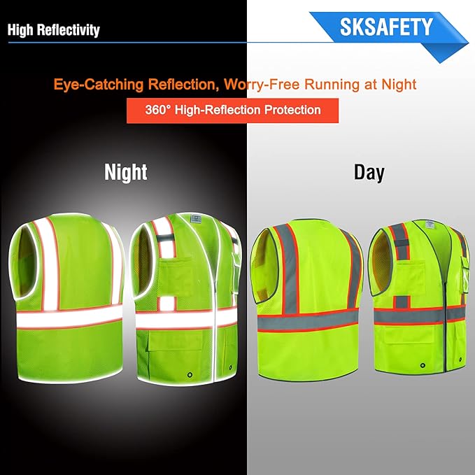 SKSAFETY 10 Pockets Safety Vest, Class 2 High Visibility Security with Zipper Double-sided mesh, Hi Vis Vest with Reflective Strips, ANSI/ISEA Standard, Construction Work Vest （Lime, 2XL）