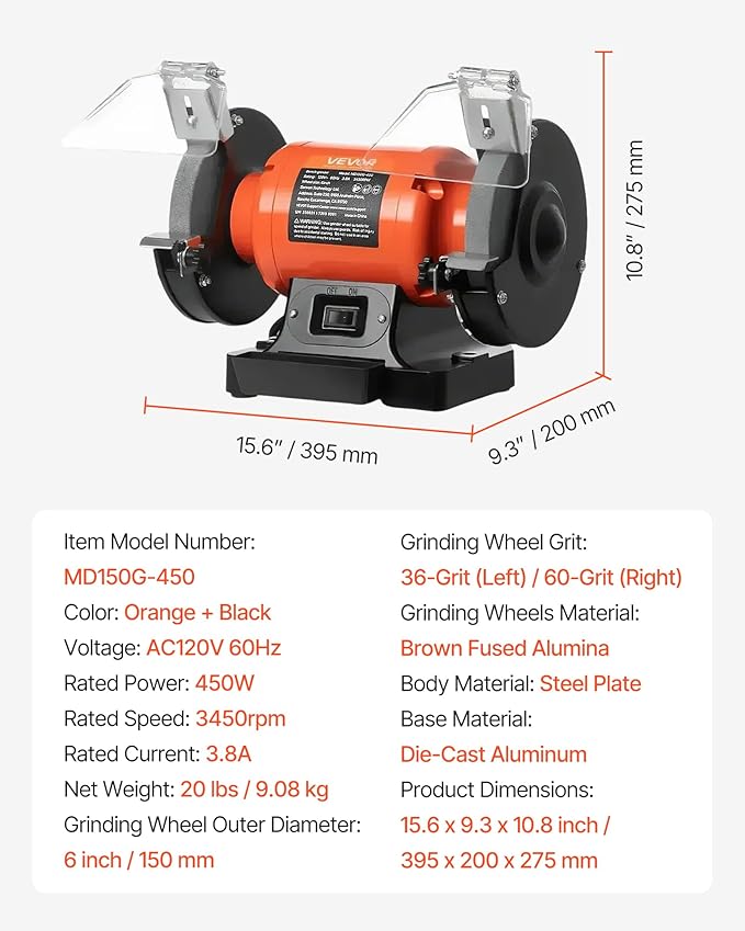 VEVOR Bench Grinder, 6-inch Single Speed Bench Grinder, 3450RPM High-Speed Table Grinders with 450W 3.8A Induction Motor, 36/60-Grit Grinding Wheel & Adjustable Eye Shield for Fast Sharpening Grinding