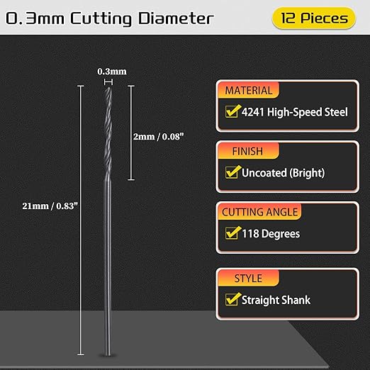 Drill Bit, 0.3mm Cutting Diameter, 4241 HSS Nitriding Black 118° Cutting Angle Versatile Jobber Bits - (Applications: for Drilling Plastic Wood Soft Metal), 12-Pieces