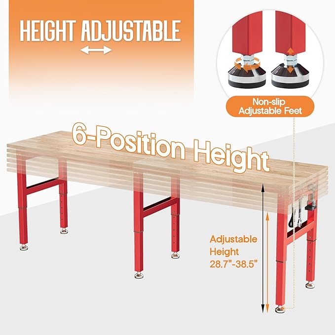 SPECRAFT 96" Red Adjustable Heavy Duty Workbench with 4 AC Outlet and 2 USB Ports Power Outlets, 5000 Lbs Capacity, Rubber Wood Top for Garage, Workshop, Office