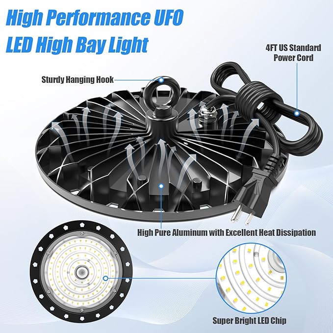 loyal 6 Packs 100W UFO LED High Bay Light, 10000LM LED High Bay Shop Light, 6000K Daylight LED Bay Light with 1.2M Cable US Plug, Commercial High Bay Lighting for Warehouse Workshop Garage Factory