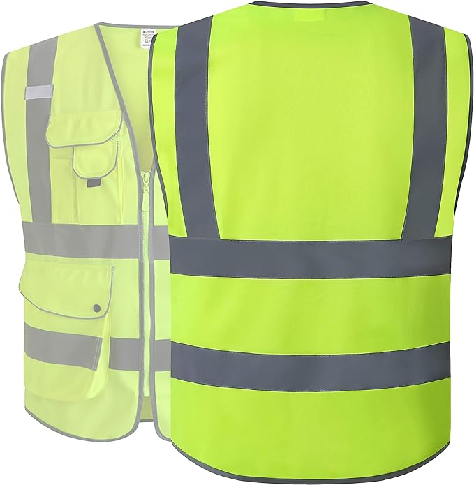 JKSafety 9 Pockets Class 2 High Visibility Zipper Front Safety Vest With Reflective Strips, Yellow Meets ANSI/ISEA Standards (4X-Large 150-Yellow)
