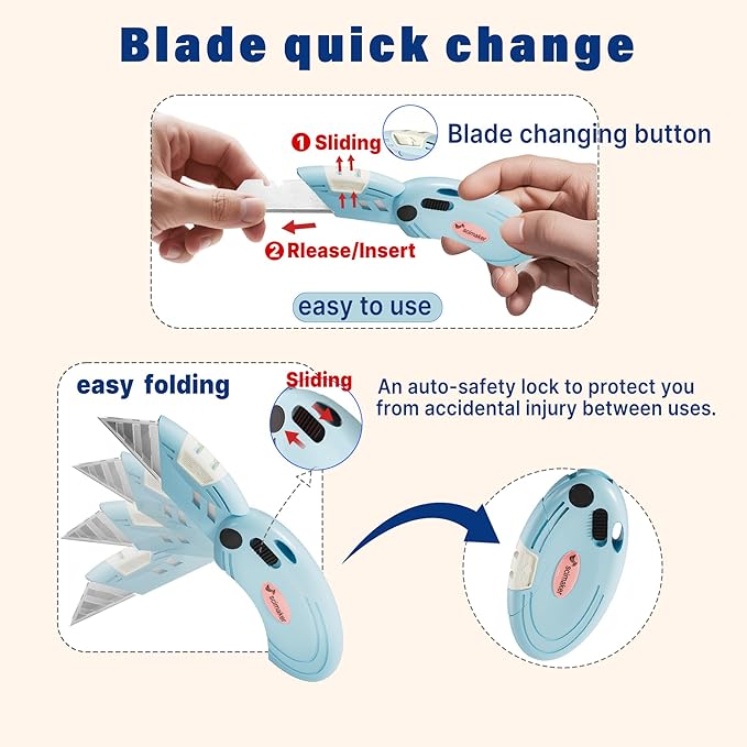 8 Pcs Folding Box Cutters, Lightweight Utility Knives Quick Change Blade with 20-piece Extra Blades For Cartons, Cardboard and Boxes
