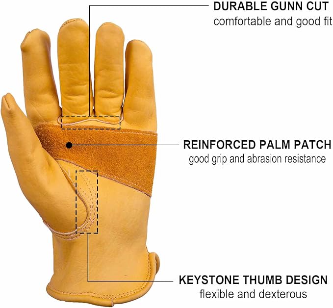 OZERO Leather Work Gloves for Men: 3 Pairs Cowhide Working Gloves Abrasion Resistant Driver Glove for Heavy Duty Yard Work DIY Women Gardening Glove Gold Large