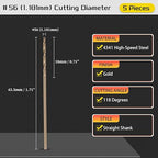 Drill Bit, #56 Cutting Diameter, 4341 HSS Gold Finish 118° Cutting Angle Number Jobber Bits - (Applications: for Drilling Soft Metal Plastic Wood), 5-Pieces