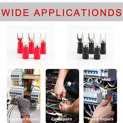 200PCS Insulated Fork Wire Connector,AWG22-16 Black & Red U Type Electrical Crimp Terminals,#4 Stud Size Spade U Connector (100 Pcs Red +100 Pcs Black)…