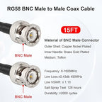 15FT RG58 50 ohm BNC Male to Male Coax Cable - Low Loss Extension Coaxial Cable with BNC Adapter Connector for Antennas, RF Radios, Modems, Oscilloscopes, Spectrum, etc (Red)