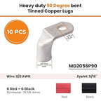 SELTERM 10pcs - 2/0 AWG 5/16" Stud 90° Bent Battery Lugs- Ring Terminal Connectors with 12pcs 3:1 Black & Red 3/4" Heat Shrink Tubing - Heavy Duty Battery Cable Ends - Tinned Copper Wire Connector Kit