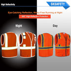SKSAFETY 10 Pockets Safety Vest, Class 2 High Visibility Security with Zipper Double-sided mesh, Hi Vis Vest with Reflective Strips, ANSI/ISEA Standard, Construction Work Vest （Orange, 2XL）