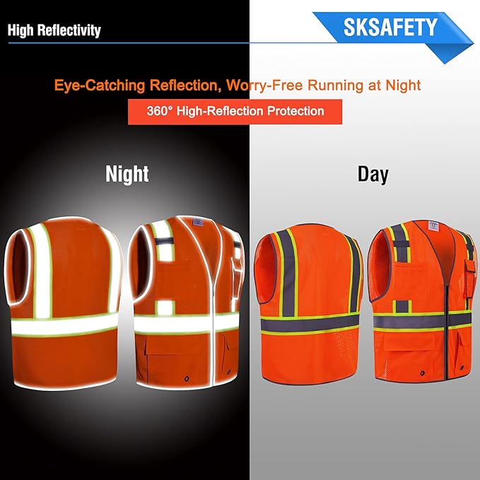 SKSAFETY 10 Pockets Safety Vest, Class 2 High Visibility Security with Zipper Double-sided mesh, Hi Vis Vest with Reflective Strips, ANSI/ISEA Standard, Construction Work Vest （Orange, 5XL）