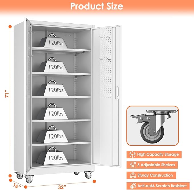 Metal Garage Storage Cabinet with Pegboard, 71''H*32" W*16" D Rolling Tool Cabinets on Wheels with 5 Adjustable Shelves for Garage Home Warehouse Utility Room, Assembly Required,White