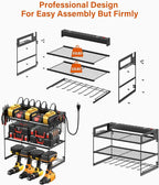 JUNNUJ Power Tool Organizer with 10 Outlet Power Strip, 3 Layer Wall Mount Drill Holder with Charging Station, 4 Drills Storage Shelf Shop Garage Utility Rack, Black