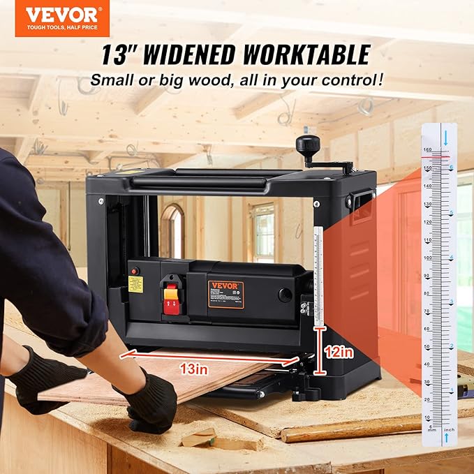 VEVOR Thickness Planer, Two-Blade, 13" Width Worktable Benchtop Planer, 15-Amp 1800W Powerful Motor, 12" Extended Infeeding Table, Low Noise for both hard & soft wood material removal