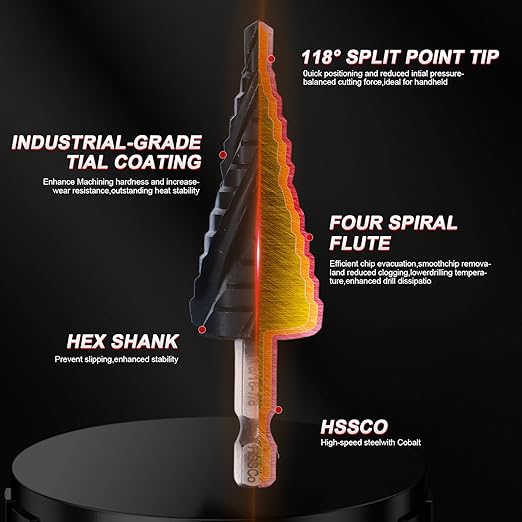 M35 Cobalt Step Drill Bit,Four Spiral Flute Step Drill Bit 3/16"-7/8" （12 Sizes ） Wear-Resistant TiAlN Coated,1/4" Hex Shank Drill for Metal, Stainless Steel, Aluminum, Plastic