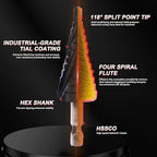 Step Drill Bits M35 Four Spirl Flute Cobalt Step Drill Bits Set 1/8"-7/8"(3pcs) Wear-Resistant TiAlN Coated,1/4" Hex Shank Drill for Metal, Stainless Steel, Aluminum, Plastic