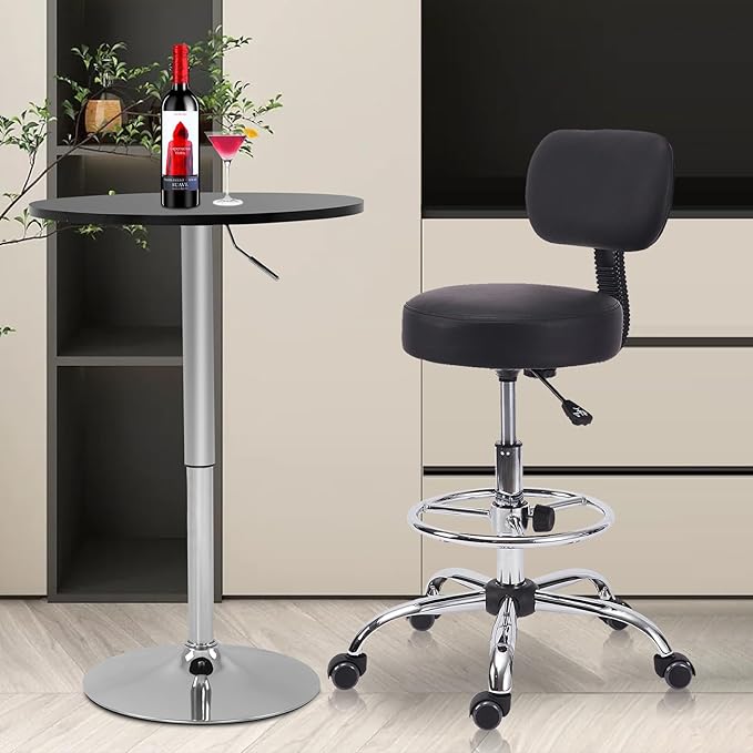 Drafting Chair with Backrest, Adjustable Foot Rest Height Rolling Stool with Wheels, Leather Swivel Work Shop Office Stools Chairs, Thick Seat Cushion Tall Kitchen Home Bar Stool - Black