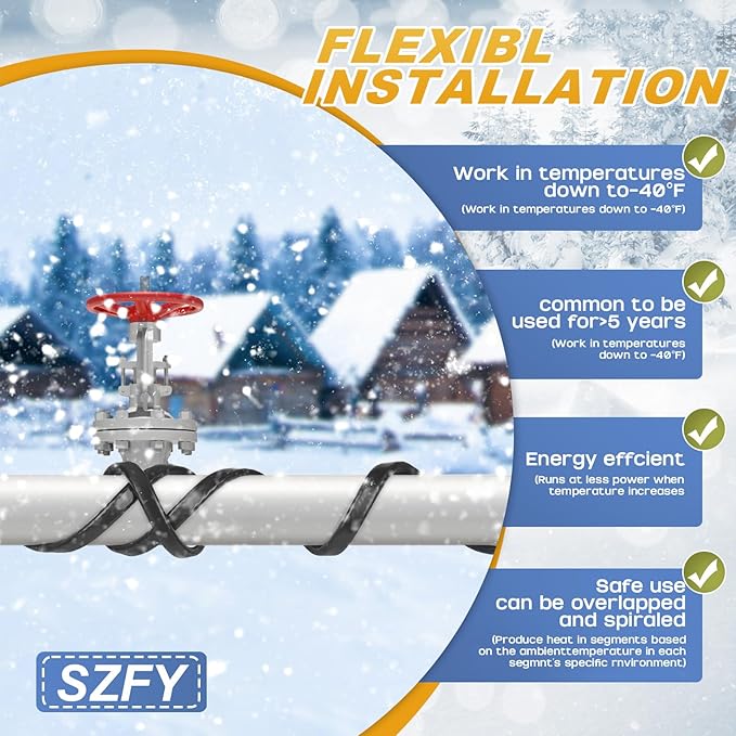 3FT~200FT Heat Tape for Water Pipes, -40°F Deicing Cable,Pipe Heat Cables for Roof,Gutter，Farm，Freeze Protetion Heating Wires, Heated Water Hose,Plumbing Fixtures,120V 5W/FT (24FT)