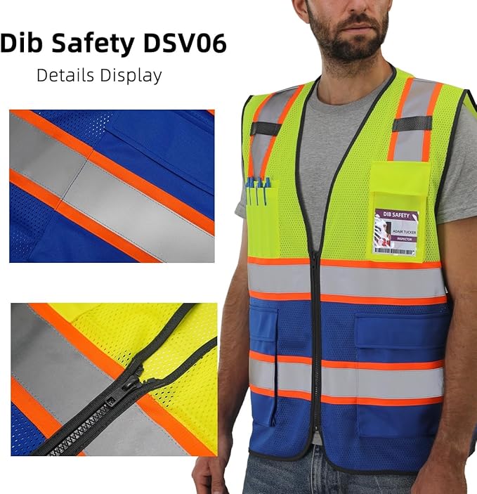 Dib Safety Reflective Mesh Vest High Visibility Two Tone with Pockets and Zipper, Yellow and Blue Mesh with Orange Trim 3XL