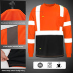 High Visibility Class 3 T Shirts，Hi Vis Safety Shirts with Reflective Strips and Pocket, Long Sleeve Quick Dry Mesh Construction Work Shirt for Men/Women Black Bottom Orange,XL