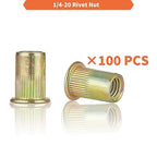 Rivet Nut Installation Tool Set Flat Head Rivnut Threaded Insert Nut Kit SAE & Metric for Metal Heavy Duty Zinc Plated Nutsert (1/4-20(Rivet Nut-100pcs))