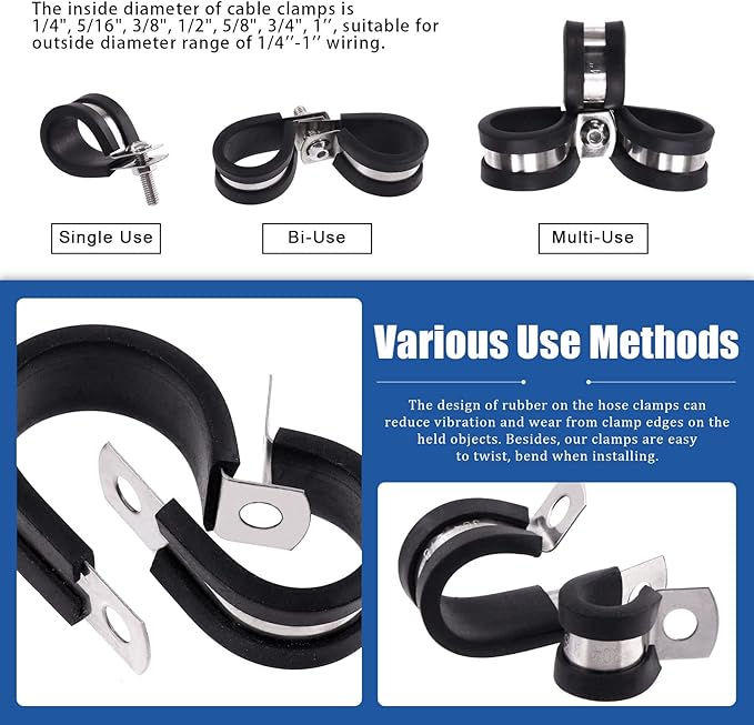 Glarks 26Pcs 1/4'' 304 Stainless Steel Cable Clamps, Rubber Cushioned Insulated Clamps Hose Clamps Loop Clamps Pipe Clamps Metal Clamps Set for Tube, Pipe or Wire Cord Installation