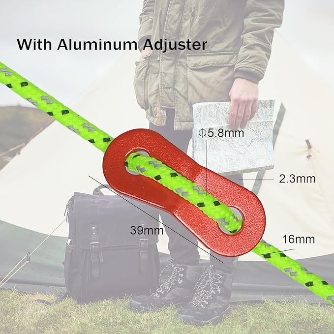 16.4ft 6 Pack 4mm Guy Lines Ultralight Tent Cords with Aluminum Adjuster Tensioner Outdoor Camping Guylines Ropes for Tent Tarp,Climbing,Hiking Backpacking (Green)