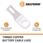 SELTERM 2pcs 4 AWG 1/4" Stud Tinned Copper Wire Lugs, Battery Lugs, Ring Terminals, Battery Cable Ends, 4 Guage Ring Terminal Connectors, UL Marine Grade Electrical Battery Terminal Connectors