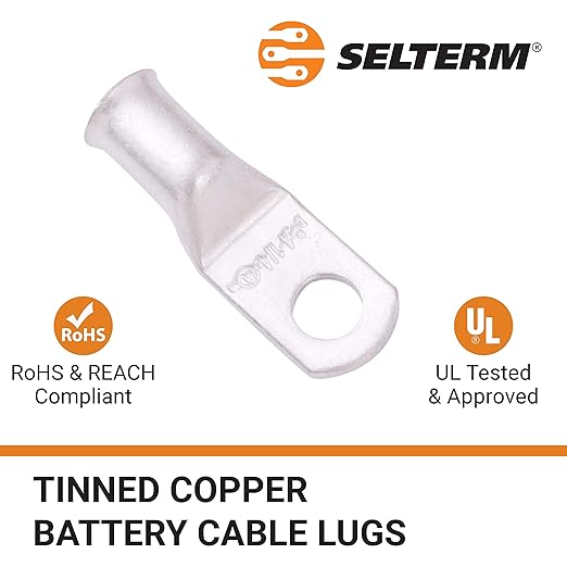 SELTERM 10pcs 4 AWG-1/4 Stud Tinned Copper Wire Lugs, Heavy Duty Battery Cable Ends,4 Guage Ring Terminals, UL Battery Lugs Marine Grade Copper Eyelets Electrical Battery Terminal Connectors