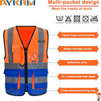 Orange Blue XSMALL High Visibility REFLECTIVE WORK Safety Vest with zipper Reflective Strips 7 Pockets