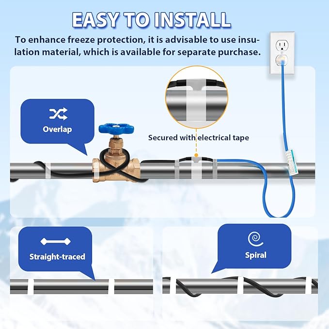 120V 18FT Self-Regulating Pre-assembled Water Pipe Heat Cable for Pipe Freeze Protection, Energy-Saving Pipe Heating Cable Keeps Water Flowing at -40°F