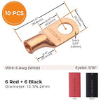 SELTERM 10pcs - 6 Awg 5/16" Stud (Wide) - Battery Lugs - Ring Terminal Connectors with 12pcs 3:1 Black & Red Heat Shrink Tubing with Adhesive, Heavy Duty Battery Cable Ends - Bare Copper Wire Lugs Kit