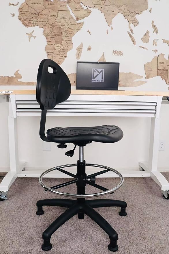 Chair Master Heavy Duty Drafting Stool - Easy to Clean! Ergonomic Polyurethane Chair. Seat Height Adjustable w/Footring for Home, Automotive, Lab, Cleanroom (Glides, Tall Stool).