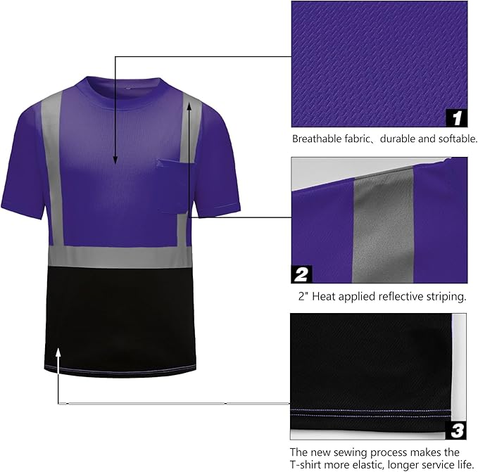 High Visibility Shirts Quick Dry Safety T Shirts with Reflective Strips and Pocket Short Sleeve Mesh Hi Vis Construction Work Class 2 Shirt for Men/Women Black Bottom Purple,XL