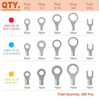 260PCS AWG 22-16 16-14 12-10 Copper Ring Fork Terminals Tin Plated Non-Insulated Electric Wire Connectors