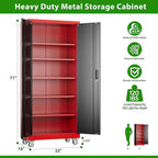 Garage Storage Cabinet with Pegboard and 5 Adjustable Shelves, 71'' x 32'' x 16''Metal Lockable Cabinet with Magnetic Doors,Tool Storage,Home Office Garage,Gym,School (Black-red)