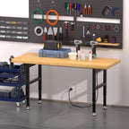 60" Work Bench, Adjustable Height Workbench with Rubber Pad, Heavy-Duty Work Table with Power Outlets, 2000 LBS Capacity Workstation for Garage, Workshop, Office, Home