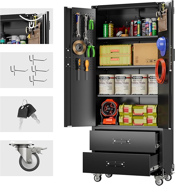 71.2" H Metal Garage Storage Cabinet with Wheels, Tool Storage Cabinets with 2 Lockable Doors and 2 Drawers for Garage Office School Home Warehouse Utility Room, Assembly Required,Black