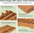 6-Piece Bamboo Drawer Organizer Set, 2.2" Deep | Multi-Use Organizers for Utensils, Silverware, Cutlery, Desk, Bathroom, Junk Drawer & Makeup, Non-Slip Feet Included.