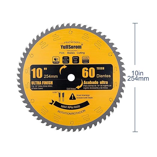 10 Inch Thin Kerf Fine Finish Crosscut Table Saw Blades, 60-Tooth ATB TCT Fine Finish Wood Cutting Circular Saw Blade with 5/8 Inch Arbor